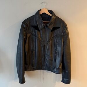Vintage Chrome Gear Leather Motorcycle Jacket Braided Suede Wing Concho USA Lrg